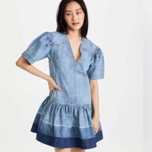 Tanya Taylor Athena V Neck Puffed Sleeve Denim Mini Dress 2